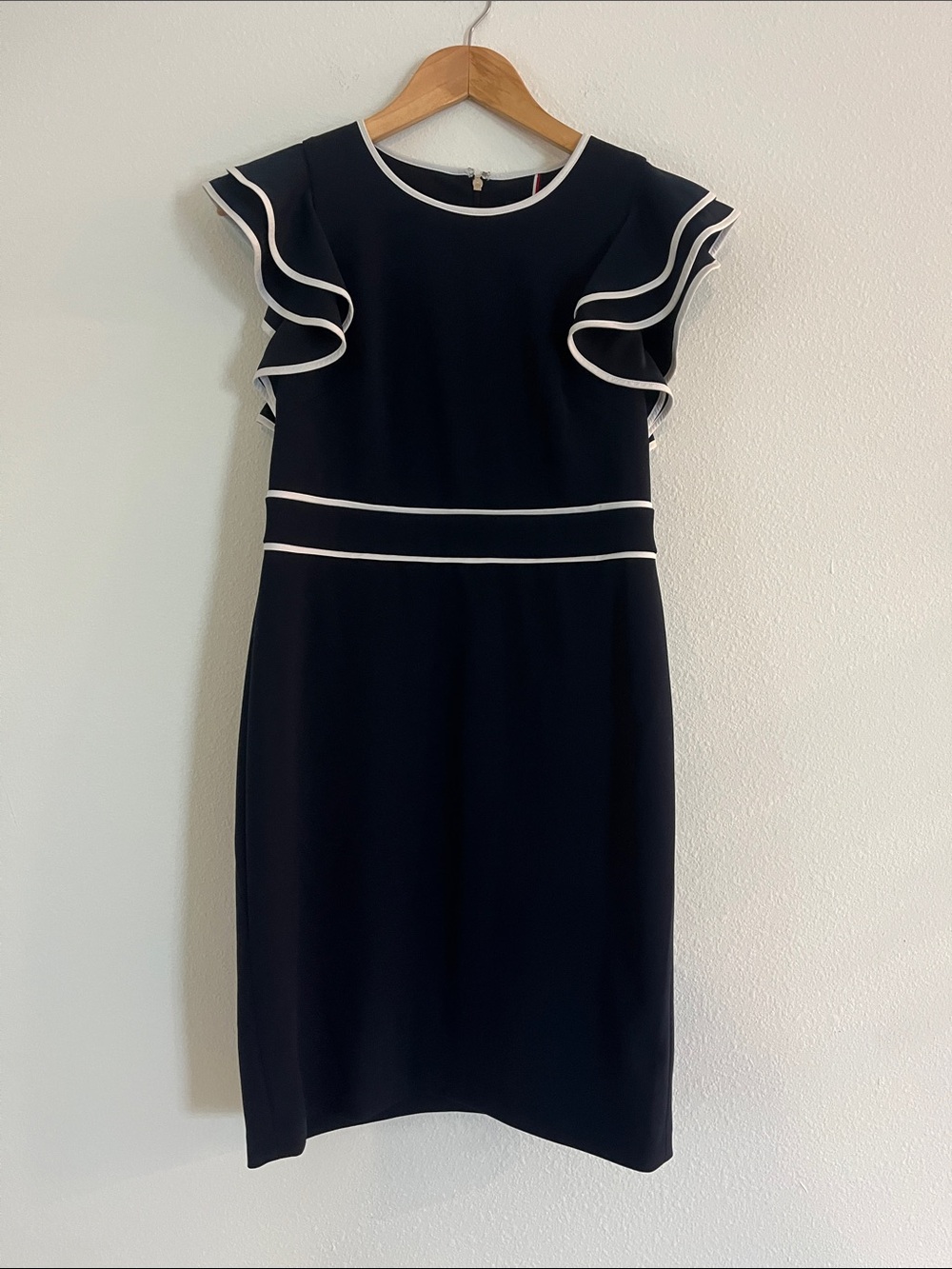 Tommy Hilfiger Blue Ruffle Sleeve Sheath Dress with White Piping